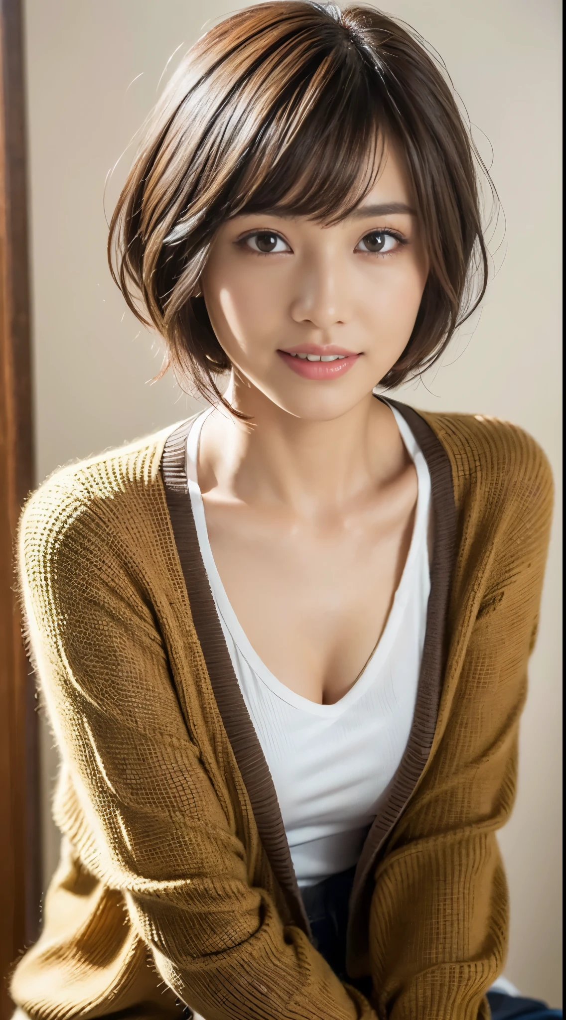 ((Best Quality, 8K, masutepiece :1.3)), 1girl(hair dyed brown, pixie cut), Cardigan :1.1, Ultra-detailed face(Round face 0.5), Detailed eyes, double eyelid.Sharp Focus: 1.2, (Increase the beauty of skin texture:1.1).Sensual beauty.(Full body shot).Smile.(flat-chested 1.8).raw photo