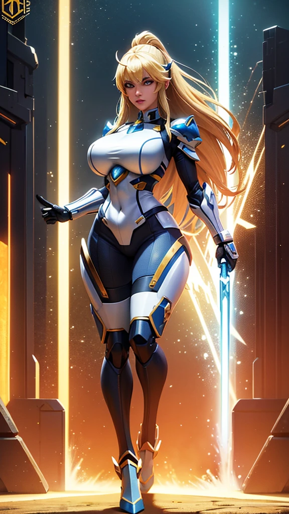 A captivating, hyper-resolution 3D rendering of a fierce, powerful Mecha woman, radiating strength and courage. Her golden Mecha armor boasts a vibrant color palette of white, black, red, and blue, with intricate details accentuating her curvaceous figure and flowing blonde hair. Her piercing light blue eyes convey command and determination. Armed with a shield of pure energy and a glowing blue saber, she stands tall with the "UNIVERSO MECHA" logo prominently displayed. The creation of "Dragonsteel7" masterfully merges illustration, 3D rendering, and typography techniques, resulting in a stunning, poster-worthy image with a cinematic vibe and a blend of various artistic elements., 3d render, photo, product, vibrant, illustration, typography, anime, cinematic, poster