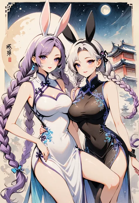 Retro Style, Chinese cheongsam sexy,High-end fashion,A couple of lovers staring at each other, yinji, purple hair, purple eyes, ...