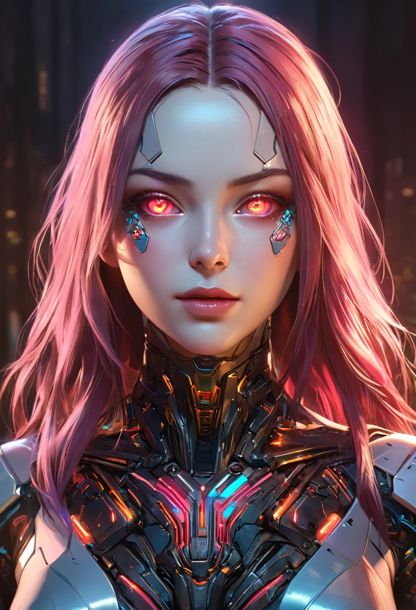 (best quality,4k,highres,masterpiece:1.2),ultra-detailed,(realistic,photorealistic:1.37), a beautiful cyborg girl with rabbit features, long ears, highly detailed face, beautiful detailed eyes, beautiful detailed lips, extremely detailed face, long eyelashes, intricate mechanical body parts, cyberpunk, science fiction, futuristic, glowing eyes, android, cinematic lighting, vibrant colors, dramatic lighting