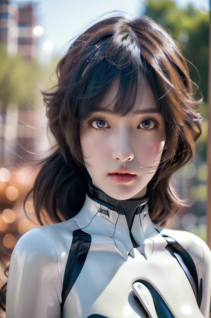 (best quality, masterpiece:1.4), (realism:1.2), (realism:1.2), (absurd:1.2), (Reality:1.3), 1 Girl,Realistic skin,Solitary,( Very big eyes,Beautiful and delicate eyes, Symmetrical eyes), Rei Ayana , outdoor, ((Cowboy shooting)), Digital tunneling microscope, Manha, Mecha Device