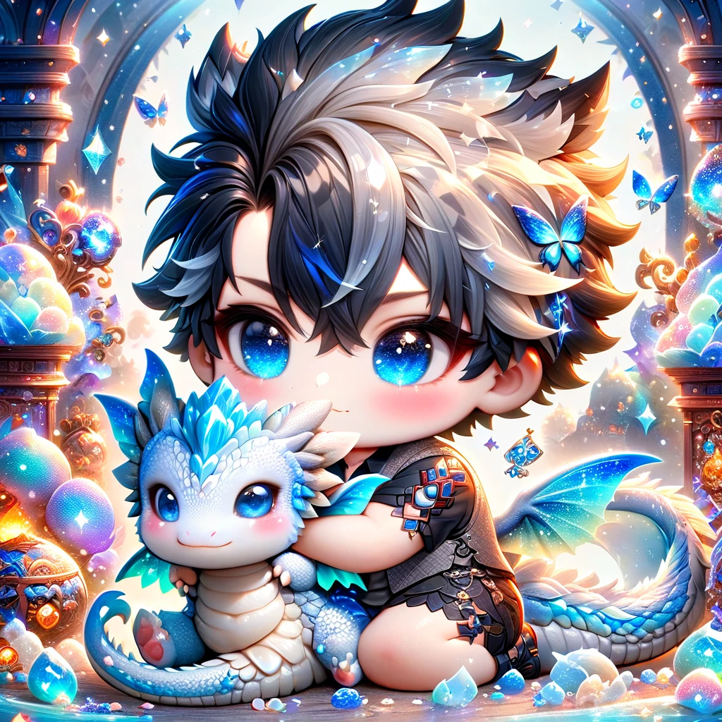 absurdres, highres, ultra detailed, HDR) master piece, best quality, Wriothesley chibi, black hair, expressive blue eyes, genshin impact, boy, cute, black shirt, gray vest, with accessories, hugging a white small dragon, jewelry, patterns, magical fantasy, blue butterflies, glittering, sparkling, blue lilies, petals, radiant