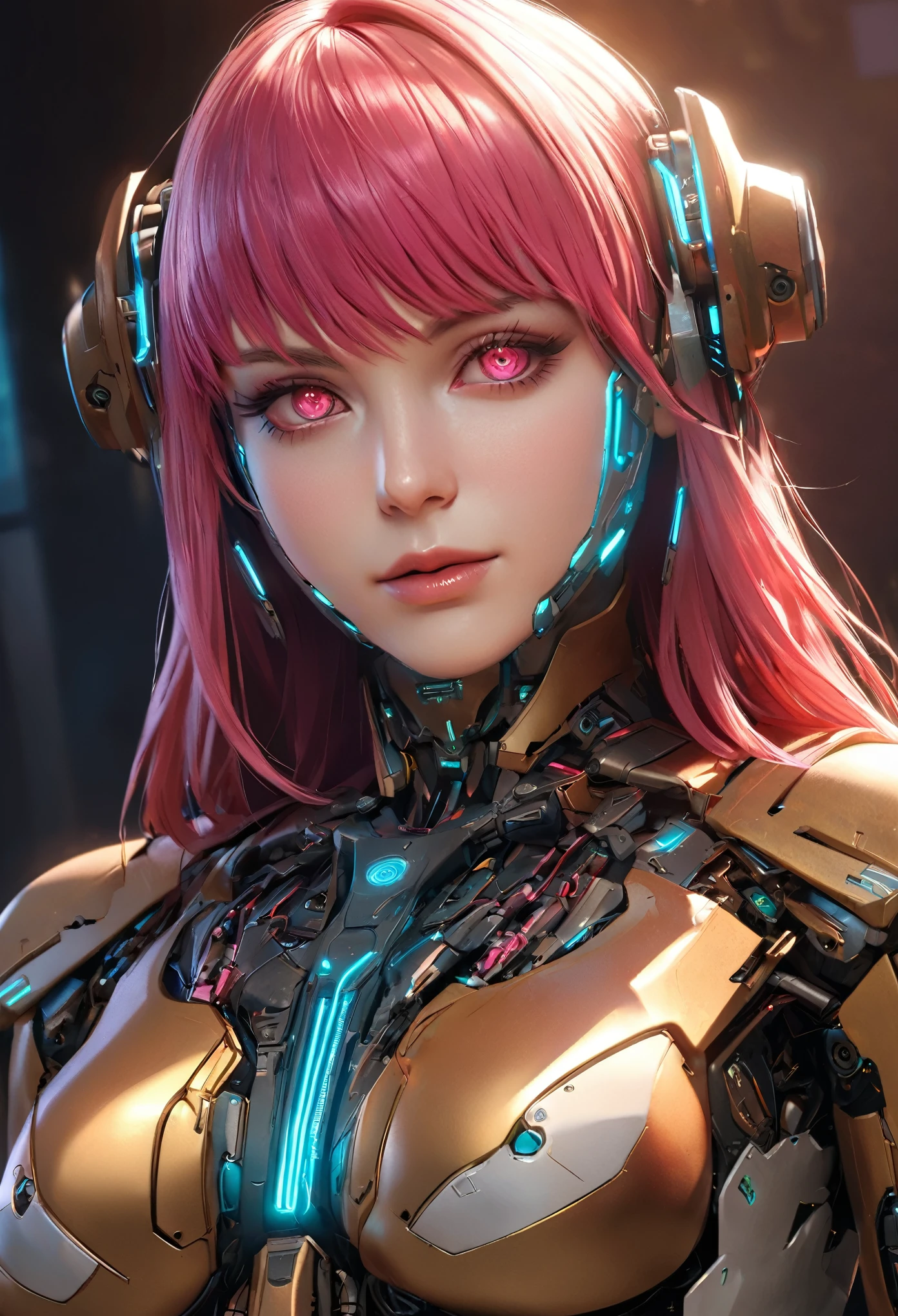 (best quality,4k,highres,masterpiece:1.2),ultra-detailed,(realistic,photorealistic:1.37), a beautiful cyborg girl with rabbit features, long ears, highly detailed face, beautiful detailed eyes, beautiful detailed lips, extremely detailed face, long eyelashes, intricate mechanical body parts, cyberpunk, science fiction, futuristic, glowing eyes, android, cinematic lighting, vibrant colors, dramatic lighting