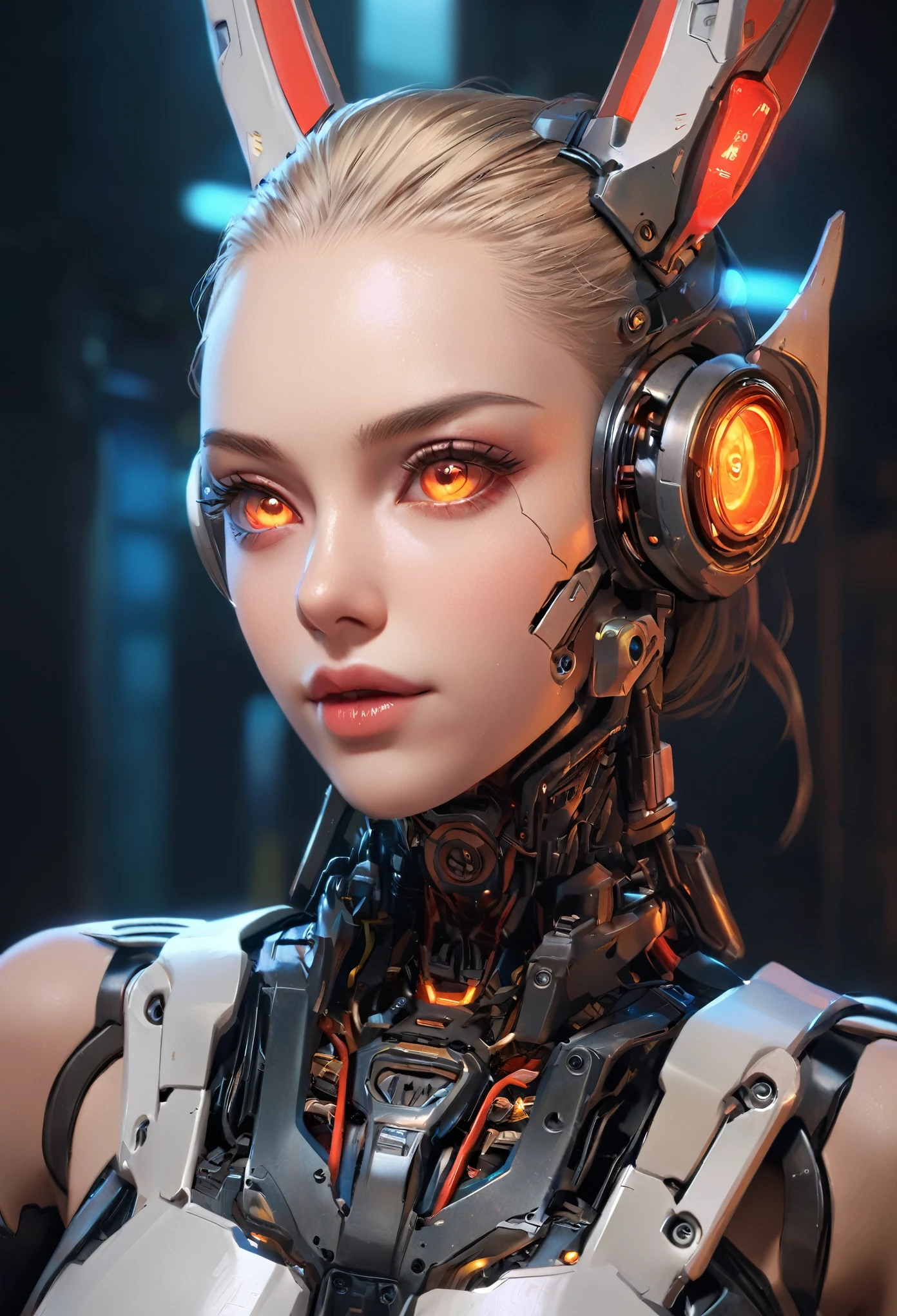 (mejor calidad,4k,alta resolución,Obra maestra:1.2),ultra detallado,(Realista,photoRealista:1.37), una hermosa chica cyborg con rasgos de conejo, orejas largas, Cara muy detallada, Hermosos ojos detallados, hermosos labios detallados, cara extremadamente detallada, pestañas largas, partes mecánicas intrincadas del cuerpo, ciberpunk, ciencia ficción, futuristic, ojos brillantes, Androide, iluminación cinematográfica, colores vibrantes, iluminación dramática