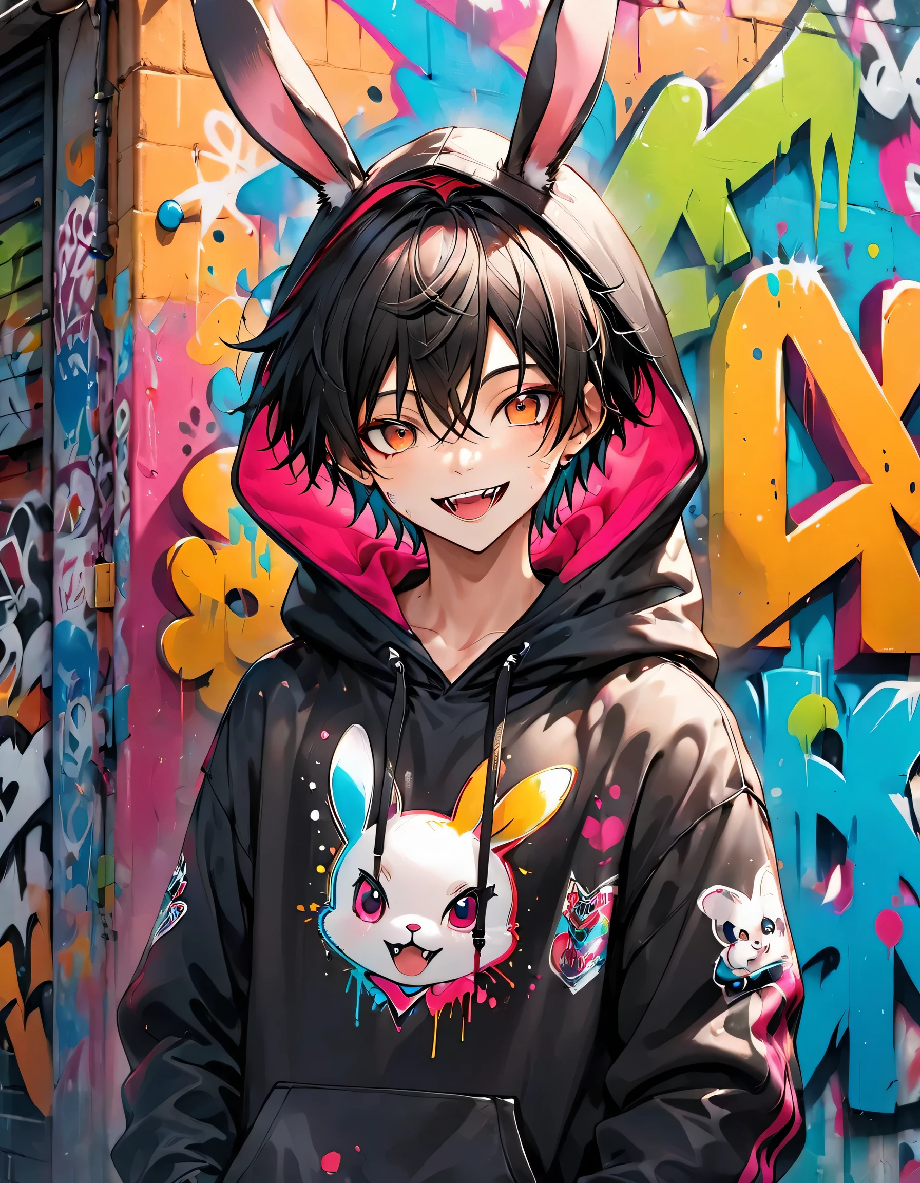 Anime style image of a man in a hoodie with a rabbit on his head SeaArt AI