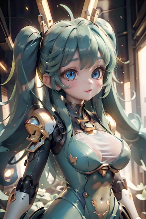 masterpiece、highest quality、High resolution、8k、Baby Face、1 Beautiful Girl、20-year-old、Harpy、Mecha、Mecha Girl、MechaHarpy、Cute eyes、Big eyes、dark light blue eyes、Green Hair、Twin tails、Laughing with your mouth open、cheek、lipstick、Bikini Armor、Sexy pose、Dynamic Pose、From the side,