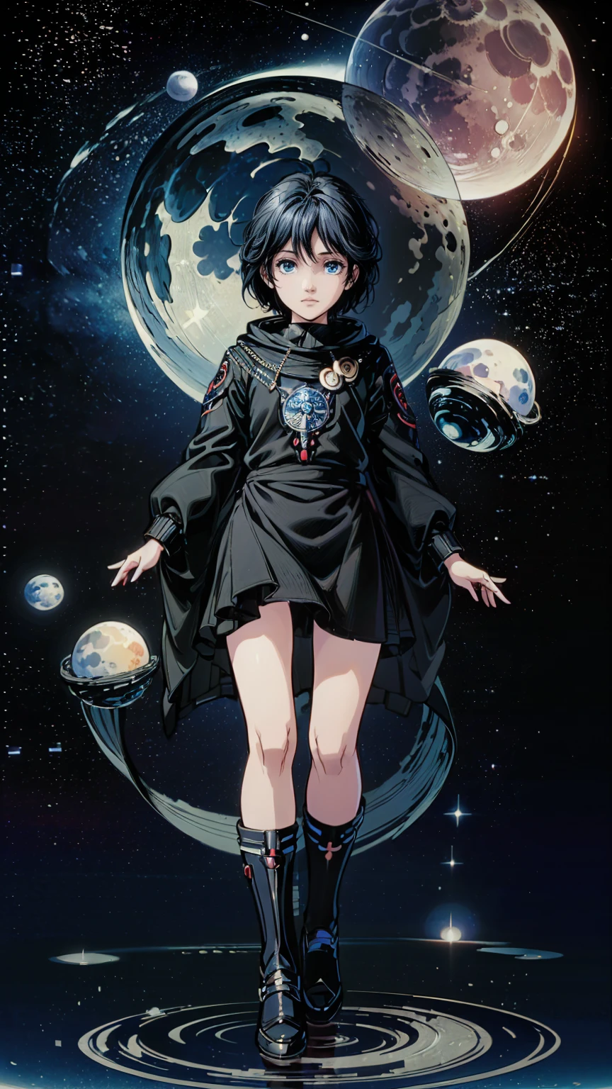 ((masterpiece, Best quality, a high resolution, ultra detailed),(Beautiful and aesthetically pleasing:1.2), detailed eyes and face, full body, 1 , kid, toddler,  ((black hair)), ((blue eyes)), detailed eyes and face, ramper, chibi, space, stars, moon, planets, outside sky, cute,planetarium,1girl,