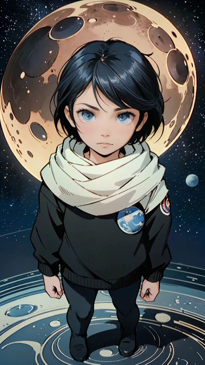 ((masterpiece, Best quality, a high resolution, ultra detailed),(Beautiful and aesthetically pleasing:1.2), detailed eyes and face, full body, 1 , kid, toddler,  ((black hair)), ((blue eyes)), detailed eyes and face, ramper, chibi, space, stars, moon, planets, outside sky, cute,planetarium,1girl,