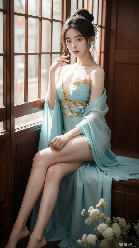 elaborate hanfu ((gufeng, bare shoulders)),(masterpiece, best quality:1.2), 1 girl, solitary, deep in wonderland，the moonlight f...