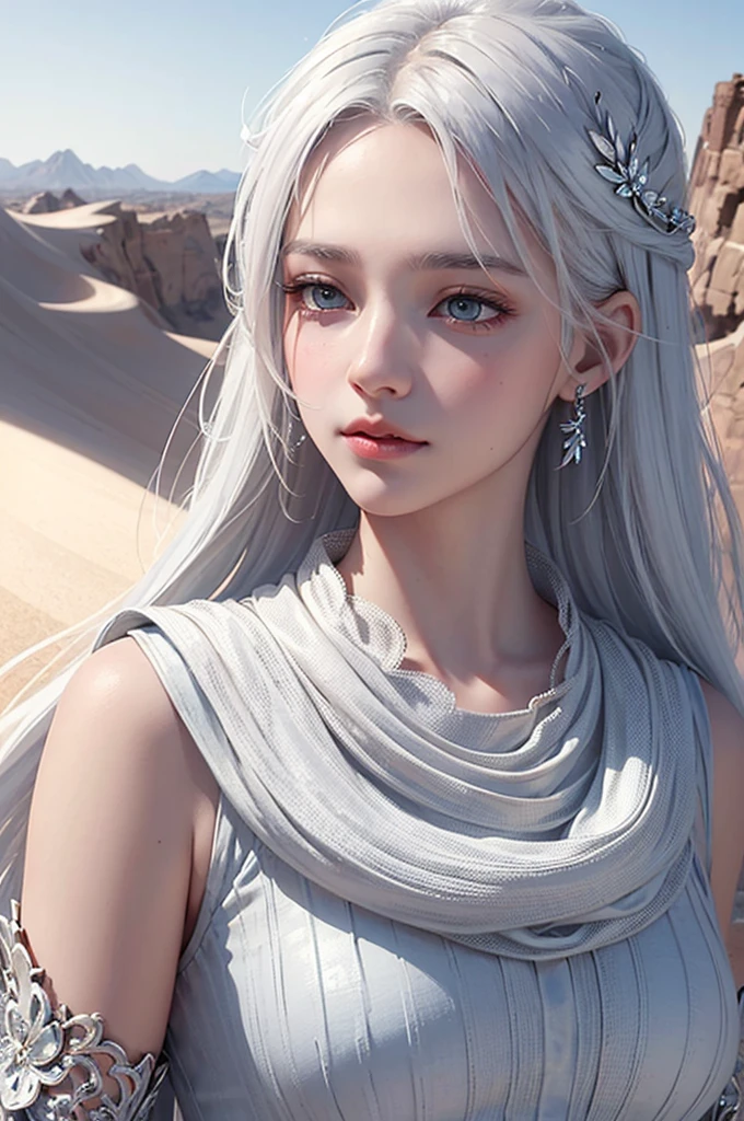 Beautifully drawn, high quality, Ultra-high definition CG illustration of a young woman with a calm expression, While staring into the distance、Her striking silvery white hair sways gently in the desert breeze.. The view behind her is vast and breathtaking., Immerse your audience in a world of wonder and exploration.