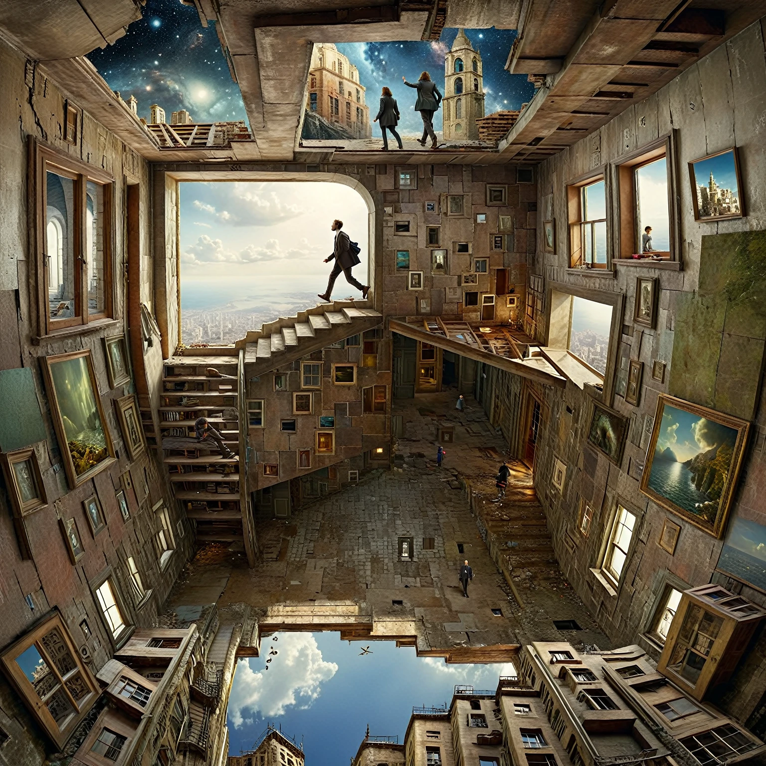 masterpiece, best quality, high resolution, extremely detailed CG, absurdres, A weird room, irrational construction, indoors,impossible, mysterious, optical, rooms, walls, stairs, windows on floor, doors on wall, table on wall, picctures on floor, picctures on ceiling, people walking on wall, people walking on ceiling,  ((surreal)),(extremely detailed background:1.6