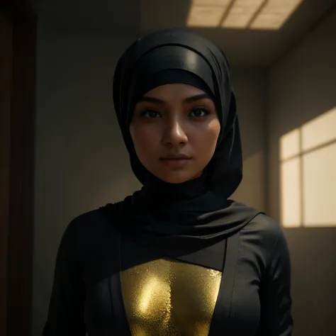 superhero, javanese, (((hijabi))), cleavage, reflection light, chiaroscuro, depth of field, cinematic lighting, ray tracing, Sony FE GM, UHD, super detail, masterpiece, textured skin, high details, best quality, award winning，3D,hdr（HighDynamicRange）,Ray t...