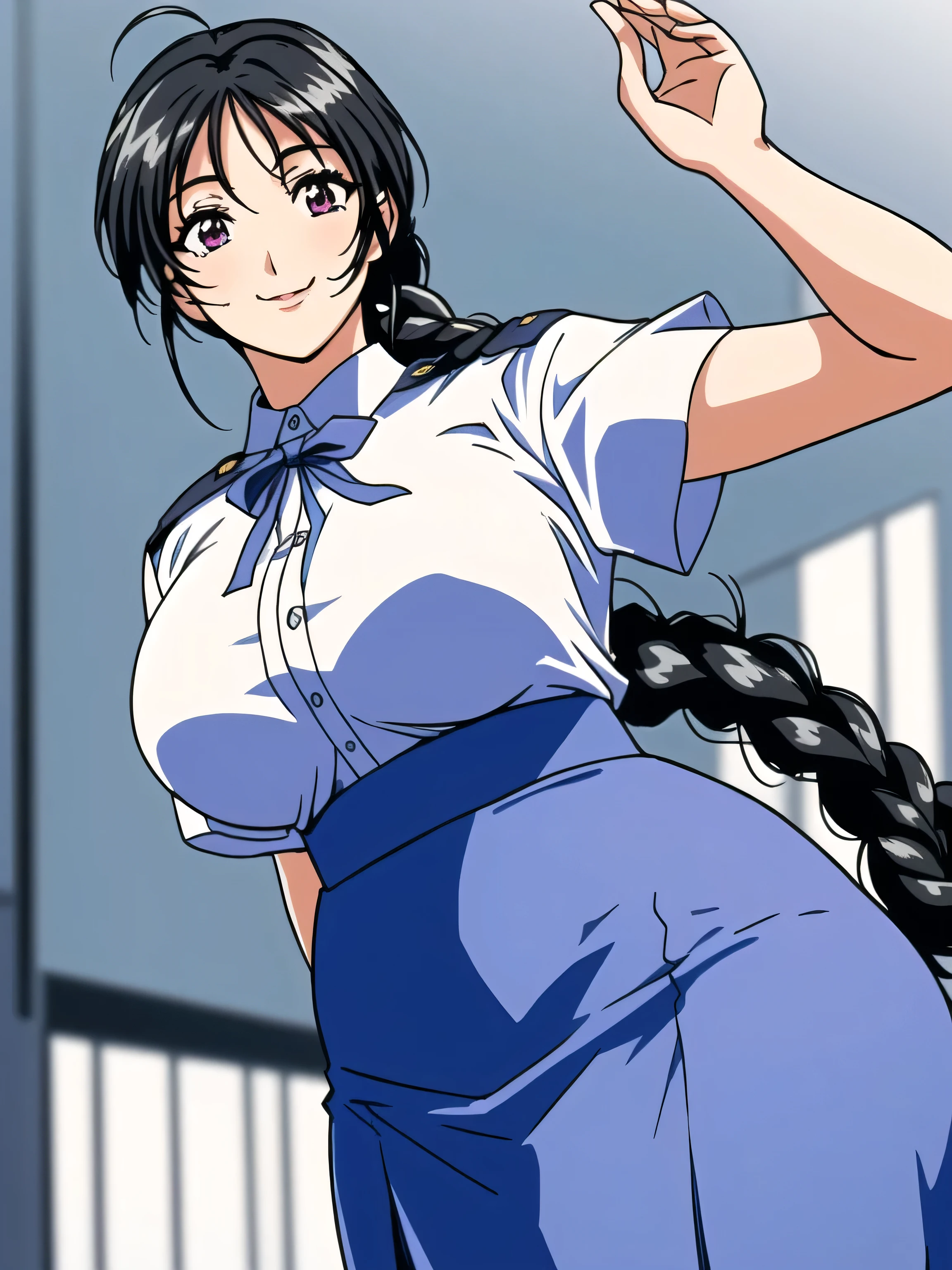 (Masterpiece, Top Quality, Highly Detailed, 16K Anime High Resolution, Anime Style, Clean Brush Strokes, Highly Detailed, Anatomically Perfect Body, Beautiful Character Design), 1 Girl, 20 Years Old Young Woman, ( perfect face, very detailed), (black hair, long hair, ribbon, braid), beautifully detailed eyes, purple eyes, beautiful nose, smile, table top, (big breasts: 0.8), (beautiful body, upper_ Body), (Female Police Officer, Blue Police Uniform, Short Sleeves, Shirt), (Beautiful Finger), Smooth Body Line, Wide Waist: 0.2, Big Butt: 0.3, (Short Office Skirt, Navy), Beautiful Long Legs, View Seeing people, (medieval city background), (front photo),