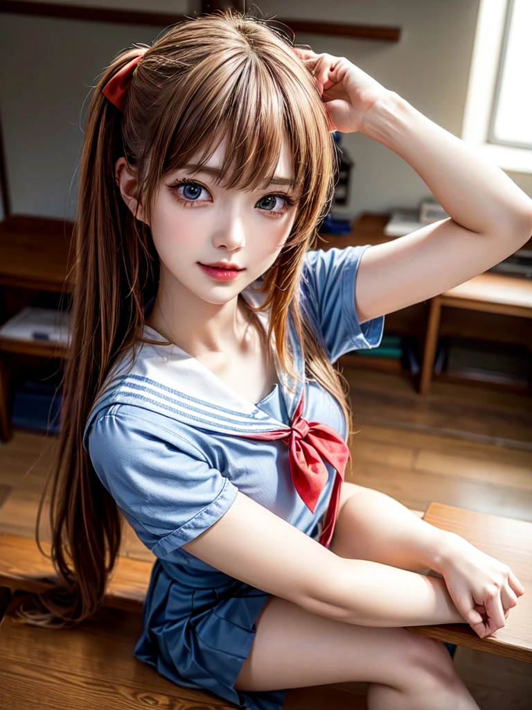 （8k, highest quality, Pieces fly:1.2)、Ultra-high resolution、anime,1 very pretty girl,Asuka Langley,Highly detailed face, Fine grain,blue eyes,,White sailor collar plain short sleeve shirt,Light blue skirt,Light Blue Suspenders,uniform_Red ribbon,Orange Hair,Long Hair、Detailed hand and fingers,put your hands in your hair,Grin、sitting on desk,Shooting from above,classroom