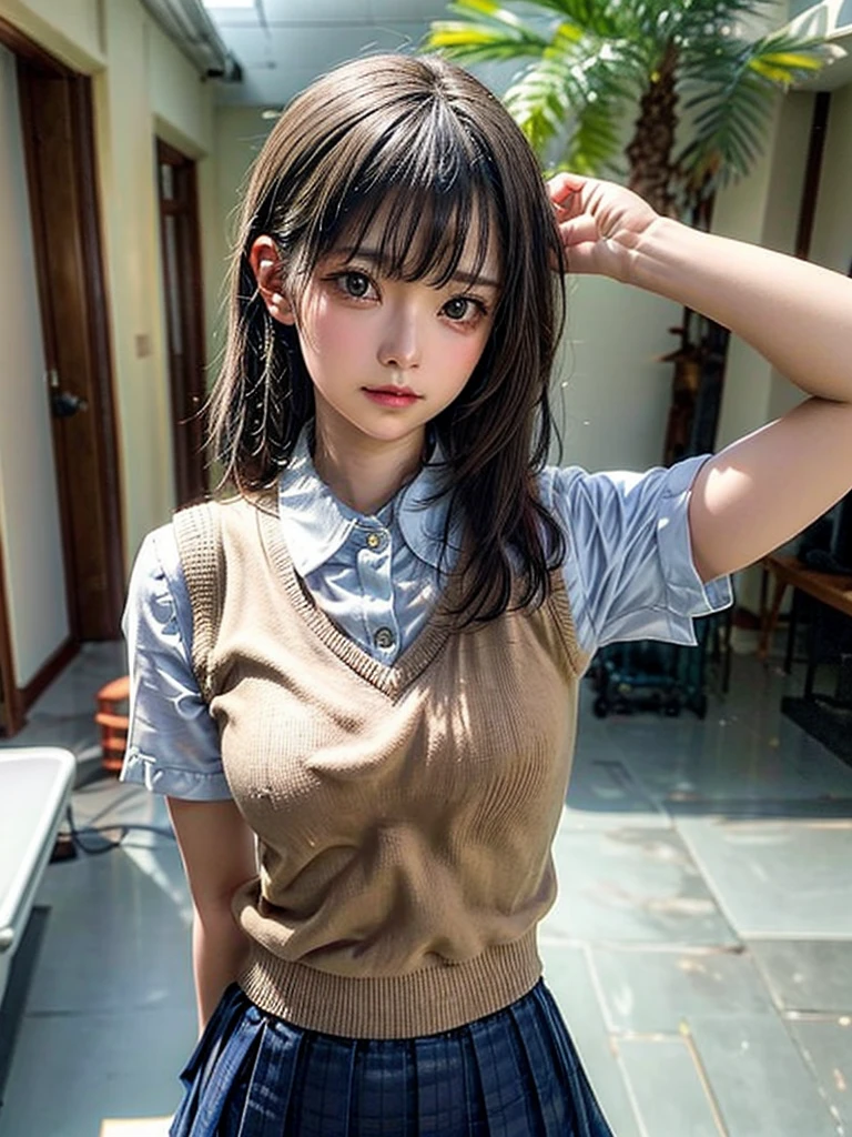 Masterpiece, Top Quality, Top Mikoto, brown eyes, short hair, small breasts, looking at viewer, alone, closed mouth, collared shirt, beige knit vest, dark blue  Skirt, school_uniform, shirt, white_shirt, classroom,Masterpiece, highest quality, 8K, detailed skin texture, fine cloth texture, beautiful detailed face, intricate details, super detailed,cute,cute posing,composition that shows the whole body,