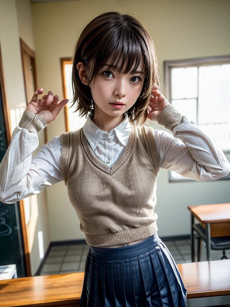 Masterpiece, Top Quality, Top Mikoto, brown eyes, short hair, small breasts, looking at viewer, alone, closed mouth, collared shirt, beige knit vest, dark blue  Skirt, school_uniform, shirt, white_shirt, classroom,Masterpiece, highest quality, 8K, detailed skin texture, fine cloth texture, beautiful detailed face, intricate details, super detailed,cute,cute posing,composition that shows the whole body,