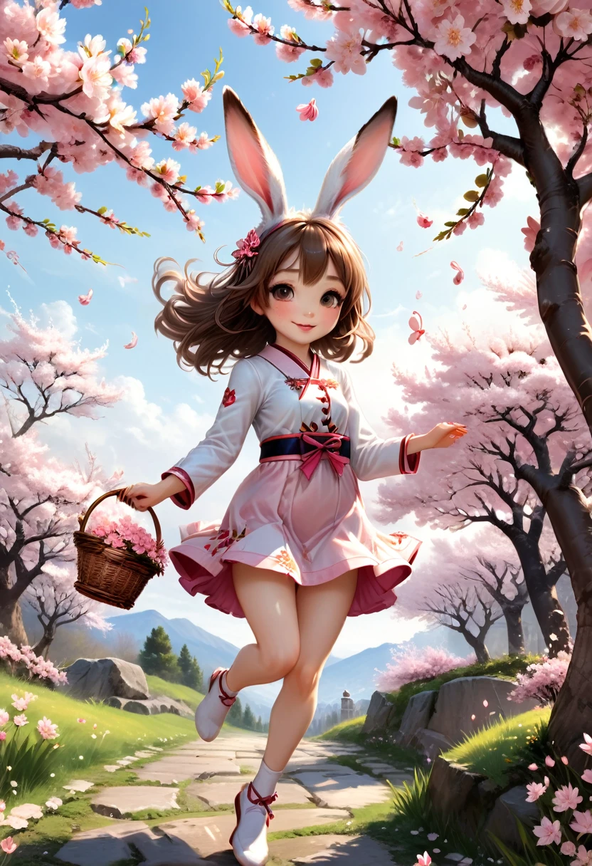 The rabbit eared girl jumps lightly under the blooming cherry blossom tree, with pink petals falling in the wind and gently rubbing against her furry long ears. She holds a flower basket and carefully selects the most beautiful flowers, (masterpiece, best quality, Professional, perfect composition, very aesthetic, absurdres, ultra-detailed, intricate details:1.3)