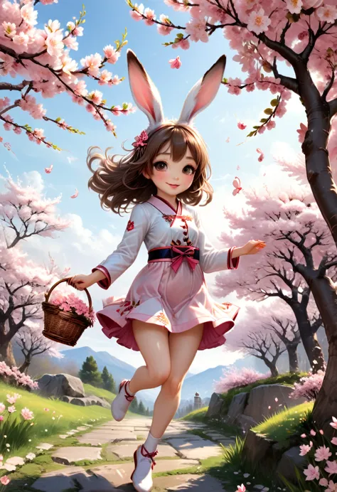 the rabbit eared girl jumps lightly under the blooming cherry blossom tree, with pink petals falling in the wind and gently rubb...