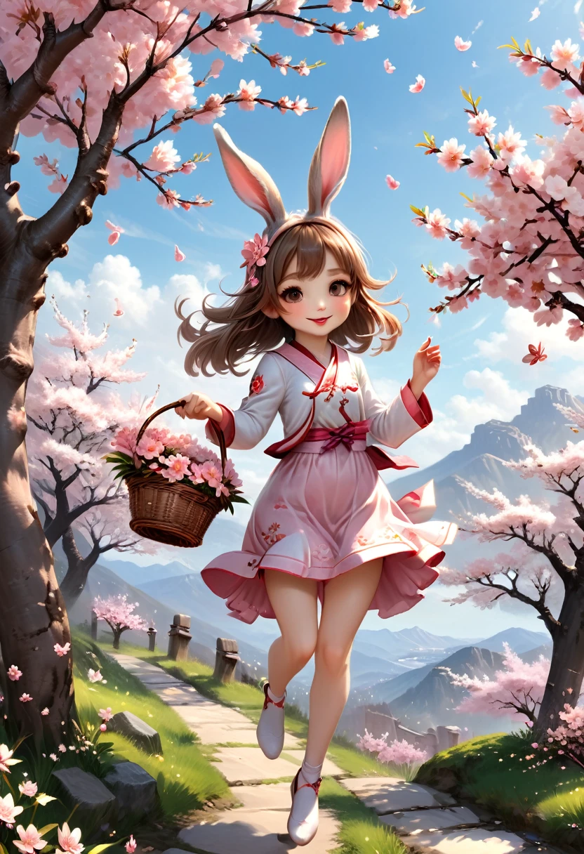 The rabbit eared girl jumps lightly under the blooming cherry blossom tree, with pink petals falling in the wind and gently rubbing against her furry long ears. She holds a flower basket and carefully selects the most beautiful flowers, (masterpiece, best quality, Professional, perfect composition, very aesthetic, absurdres, ultra-detailed, intricate details:1.3)