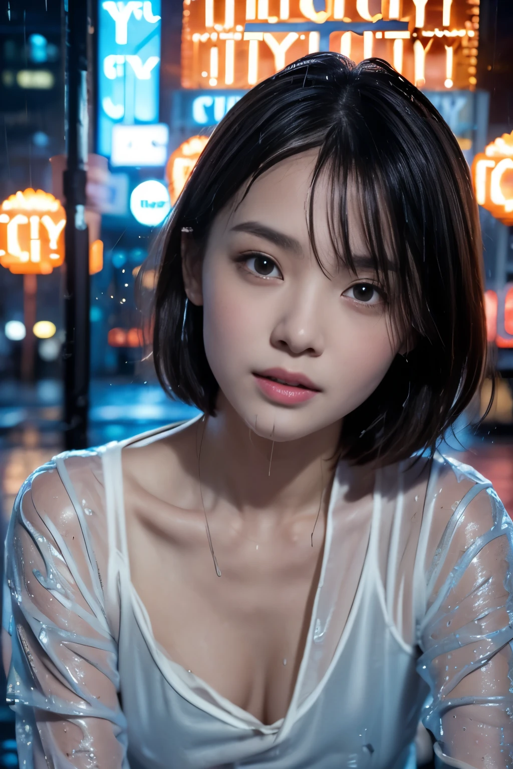 portrait, (extremely detailed CG, Extremely detailed CG, highly detailed wallpaper, RAW photo, highest quality, masterpiece:1.2), (realistic, Photoreal:1.1), (perfect anatomy:1.2), close up of face, Upper body, looking down, natural hands, natural eyes, Super detailed, 1 girl, super cute female student, Japanese, black eye, 16 years old, close your mouth, slim waist, No umbrellas, ((rainy evening:1.6)), ((radio city:1.6)), rainy city, (short hair:1.5), , beautiful and detailed eyes, shining brown hair, boredom, epic and emotional movie lighting