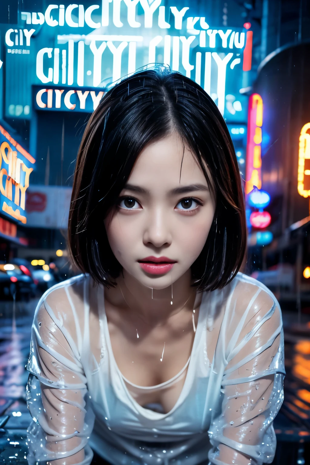portrait, (extremely detailed CG, Extremely detailed CG, highly detailed wallpaper, RAW photo, highest quality, masterpiece:1.2), (realistic, Photoreal:1.1), (perfect anatomy:1.2), close up of face, Upper body, looking down, natural hands, natural eyes, Super detailed, 1 girl, super cute female student, Japanese, black eye, 16 years old, close your mouth, slim waist, No umbrellas, ((rainy evening:1.6)), ((radio city:1.6)), rainy city, (short hair:1.5), , beautiful and detailed eyes, shining brown hair, boredom, epic and emotional movie lighting