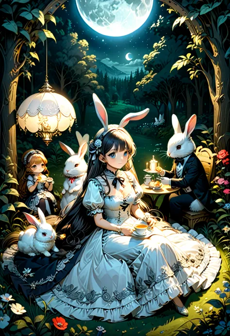 in a forest clearing illuminated by silver moonlight, the rabbit eared girl wears a gorgeous victorian dress and hosts a dreamy ...