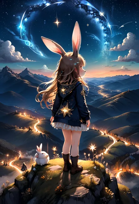 at night, the rabbit eared girl stood on the mountaintop, facing the brilliant starry sky. she closed her eyes and made a wish. ...