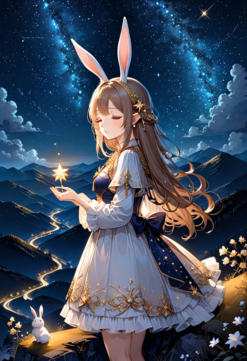 la nuit, la fille aux oreilles de lapin se tenait au sommet de la montagne, face au ciel étoilé brillant. Elle a fermé les yeux et a fait un vœu. Ses longues oreilles étaient ornées de décorations tissées à la lumière des étoiles, se fondant dans le ciel nocturne, paraissant particulièrement mystérieux et charmant, (chef-d&#39;œuvre, meilleure qualité, Professionnel, composition parfaite, très esthétique, absurdes, Ultra-détaillé, Détails complexes:1.3)