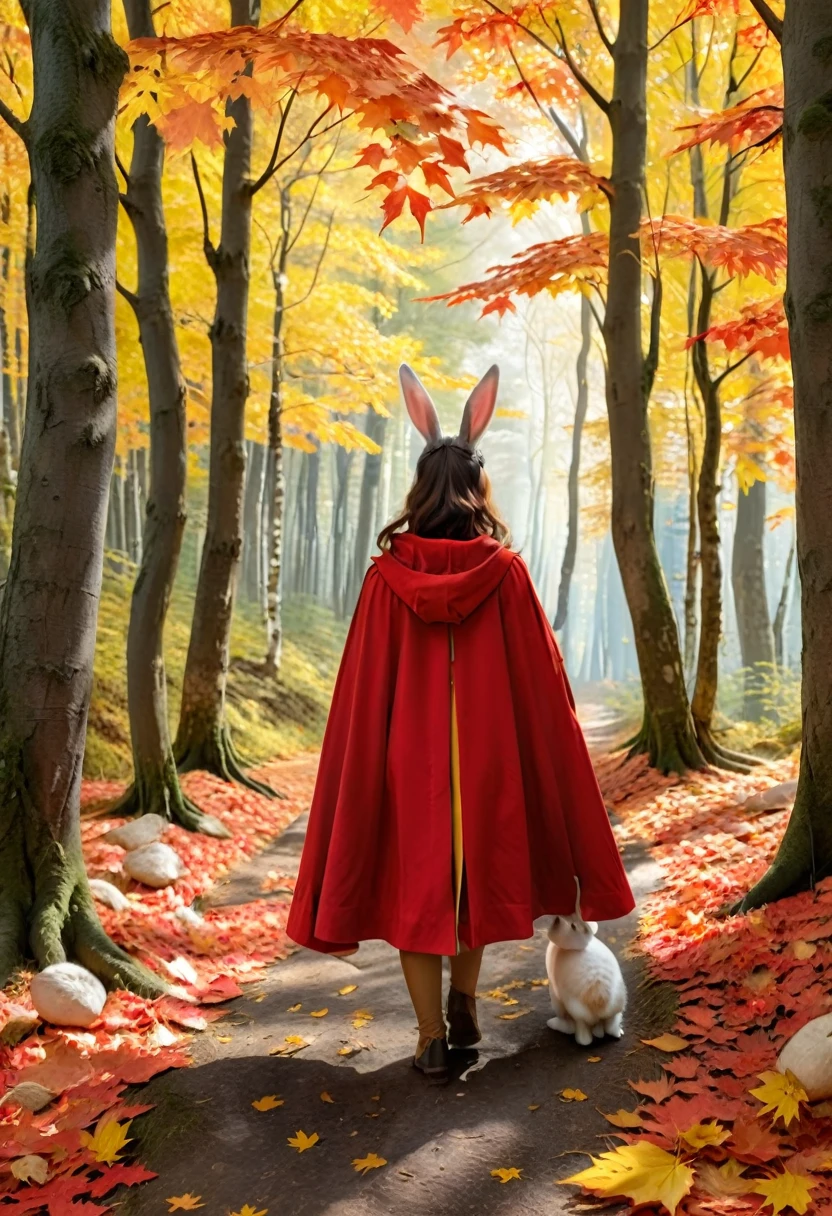 Shuttling through the red and yellow interwoven maple forest, she wears a warm colored cloak, with rabbit ears gently tapping the fallen leaves. Every step takes a cheerful rhythm, enjoying the tranquility and beauty of autumn, (masterpiece, best quality, Professional, perfect composition, very aesthetic, absurdres, ultra-detailed, intricate details:1.3)