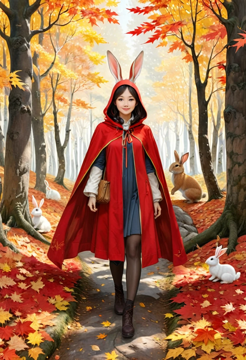 穿梭在红黄交织的枫林间, 她穿着一件暖色的斗篷, 兔耳朵轻轻敲打着落叶. 每一步都带着欢快的节奏, 享受秋天的宁静与美丽, (杰作, 最好的质量, 专业的, 完美构图, 非常美观, 荒诞, 极其详细, 复杂的细节:1.3)