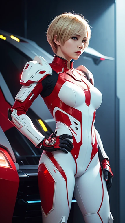 A woman stands confidently in the center of a futuristic setting, wearing a white and red form-fitting, armored bodysuit with intricate details. short blonde hair and she poses with one hand on her hip. The background features a high-tech environment with illuminated panels and mechanical structures, creating a sci-fi atmosphere.