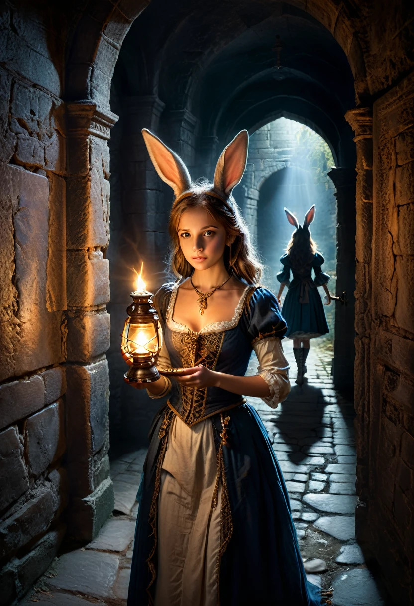 勇敢的兔耳少女, 拿著油燈, 穿梭於城堡黑暗神秘的走廊. 耳朵不時轉動一下, 警惕周圍可能發生的冒險或危險, (傑作, 最好的品質, 專業的, 完美的構圖, 非常美观, 荒謬的, 超詳細, 錯綜複雜的細節:1.3)