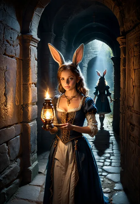 The brave rabbit eared girl, holding an oil lamp, shuttles through the dark and mysterious corridor of the castle. Her ears occa...