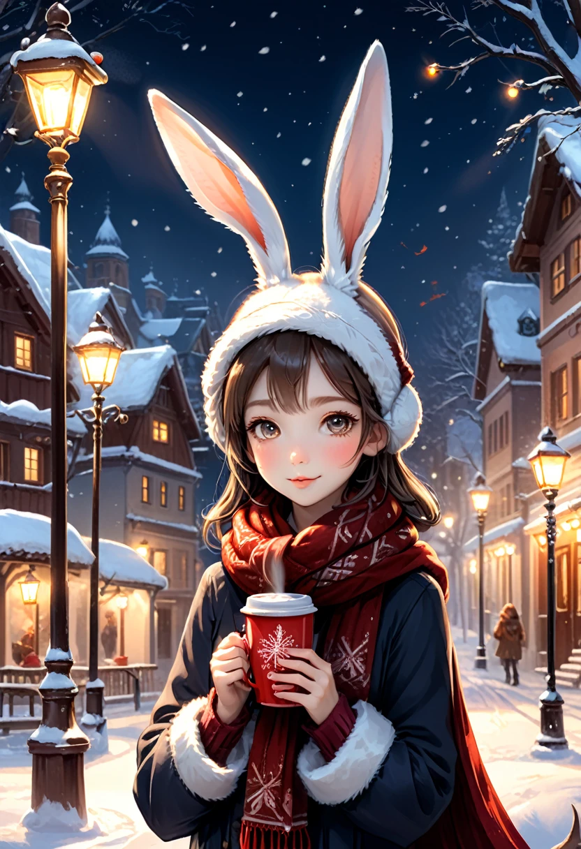 On a snowy winter day, the rabbit eared girl wrapped in a thick scarf and held a cup of hot cocoa in her hand. Her ears were slightly exposed outside the soft velvet hat, and together with the small town lights, they became the warmest scene of the winter night, (masterpiece, best quality, Professional, perfect composition, very aesthetic, absurdres, ultra-detailed, intricate details:1.3)
