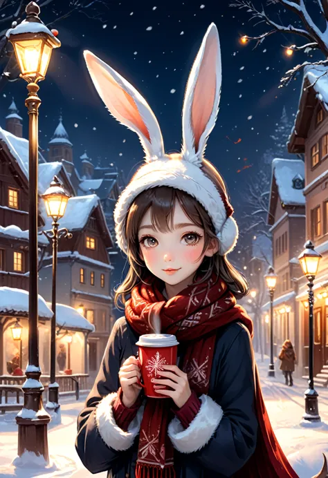 On a snowy winter day, the rabbit eared girl wrapped in a thick scarf and held a cup of hot cocoa in her hand. Her ears were sli...