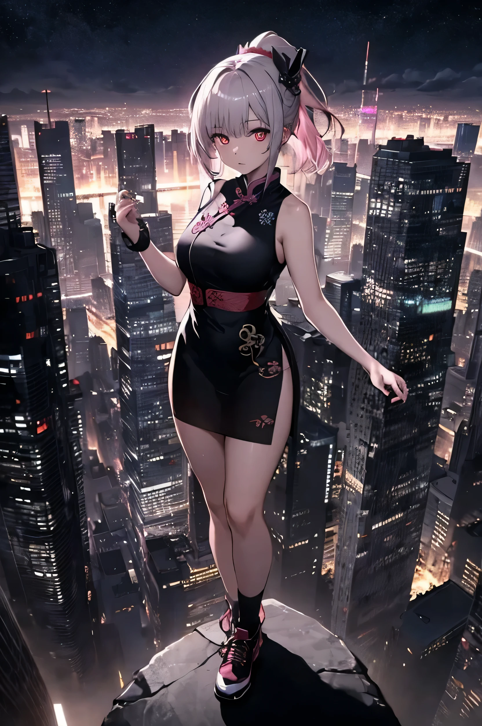 anime, (artwork, best quality, ultra-detailed, high contrast), 1 woman (Alone, full body, plus size body, standing on the edge of the skyscraper, silver hair short, LONG In a ponytail, red eyes ruby stretches, (black qipao, black cybernetics with neon pink), transparent black socks), (skyscraper roof, overlooking a city, detailed background ((night time, Darkness, low light pollution)))