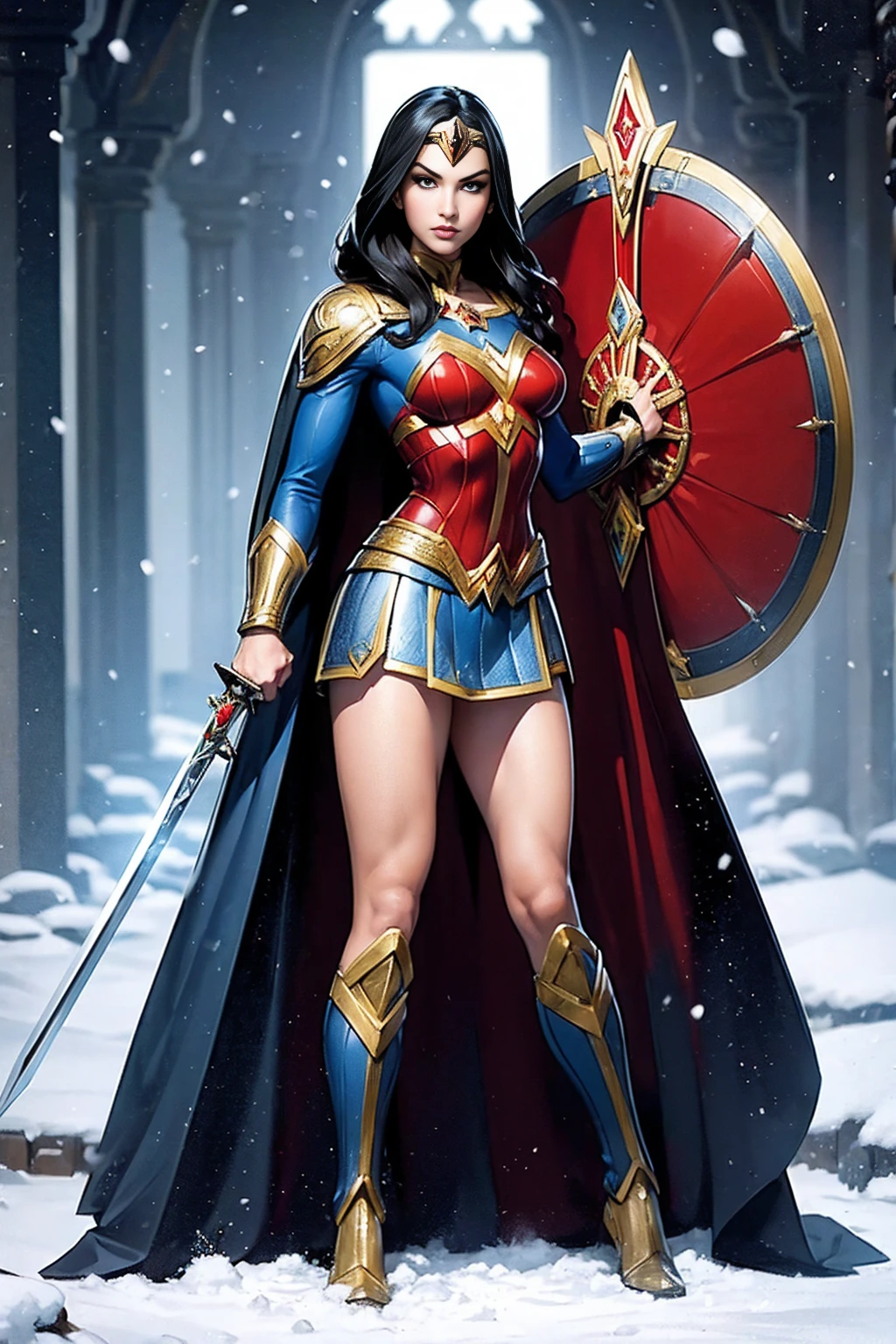 ((full body photo, standing)) masterpiece, best quality, 1girl, veronica, (((full body photo))) 1 girl, Wonder Woman, bracelet, black hair, blurred, armband, breathing, cape, cowboy shot, depth of field, restraint, gun restraint, lasso, looking at viewer , parted lips, pommel, realistic, reverse grip, shield, skirt, snow, neveing, alone, superhero, sword, tiara, toned, weapon, weapon behind back, ((work of art))
