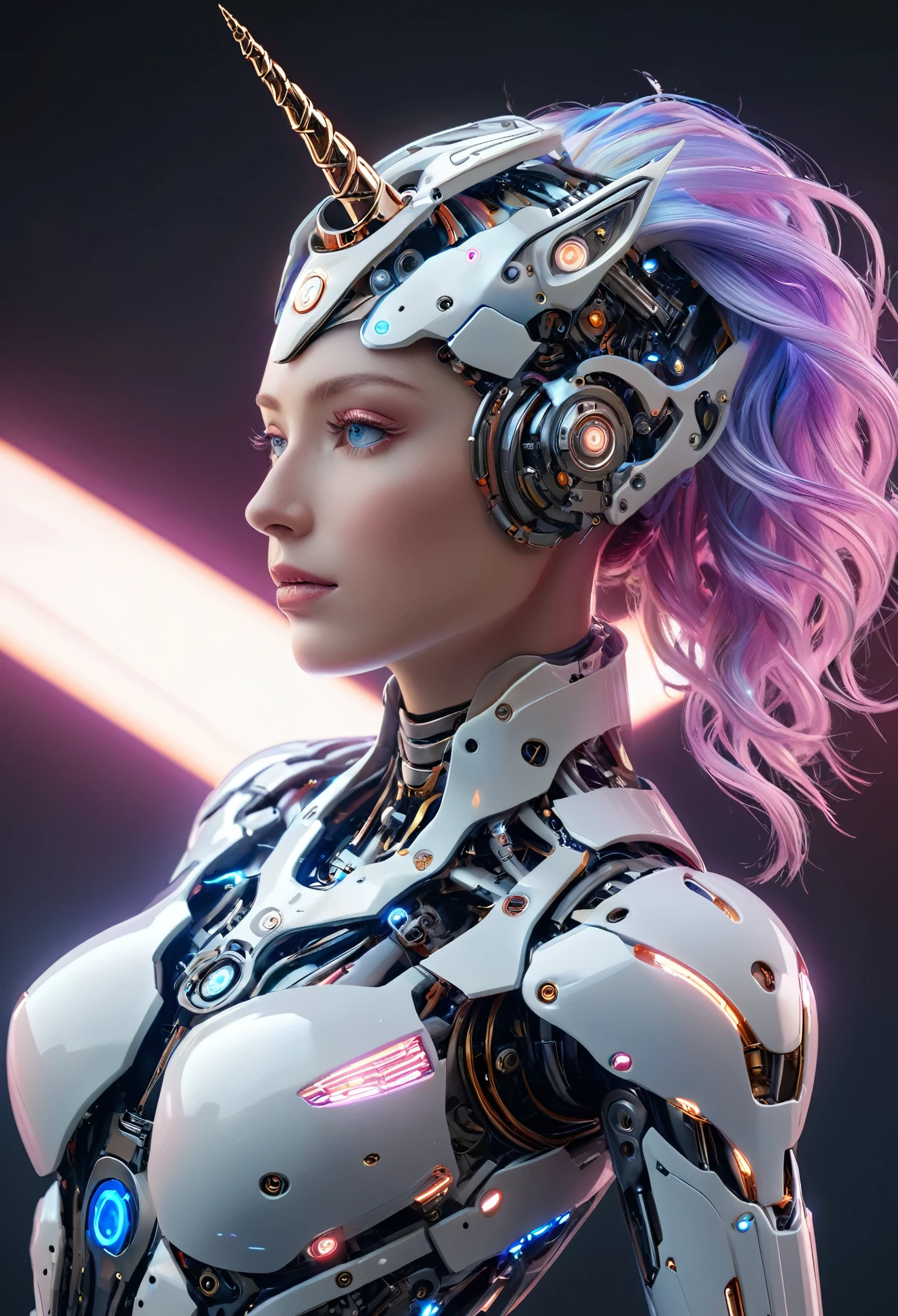 (best quality,4k,highres,masterpiece:1.2),ultra-detailed,(realistic,photorealistic:1.37), A breathtakingly beautiful female humanoid unicorn cyborg android, (a shimmering unicorn horn:1.8), porcelain skin, striking eyes, delicate features, futuristic sci-fi, intricate mechanical parts, glowing cybernetic implants, elegant and graceful pose, hyper-realistic, photorealistic, masterpiece, 8k, ultra-detailed, cinematic lighting, dramatic shadows, vivid colors, highly saturated, neon highlights, glowing energy fields, complex machinery, sleek and modern, cutting-edge technology, advanced AI, seamless integration of organic and mechanical elements