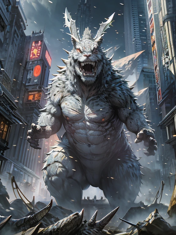 cinematic, high-definition computer graphics, Monsterverse, dynamic view, best framing, HD12K quality, Godzilla, King of the monsters, white rabbit ears on his head, furious roar in the middle of the devastated city,