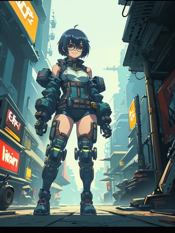 cyberpunk anime, filmisch, hochauflösende Computergrafik, dynamische Ansicht, beste Rahmung, HD12K-Qualität, Wildfang Mädchen, Blauer Bob-Haarschnitt, kleine Brüste, Breite Hüften, Tragen einer taktischen Jacke, Bikershorts, Hightech-Brille, elegante mechanische Arme und fein detaillierte, sexier, stylischer Trend, freches Lächeln, Coole Pose auf einer nächtlichen Straße, beleuchtet von virtuellen Werbetafeln,