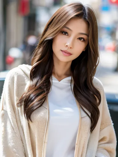 (highest quality,8k,masterpiece),Japanese women,sexy,Age 35,Ash brown wavy long hair,Oversized white hoodie,central