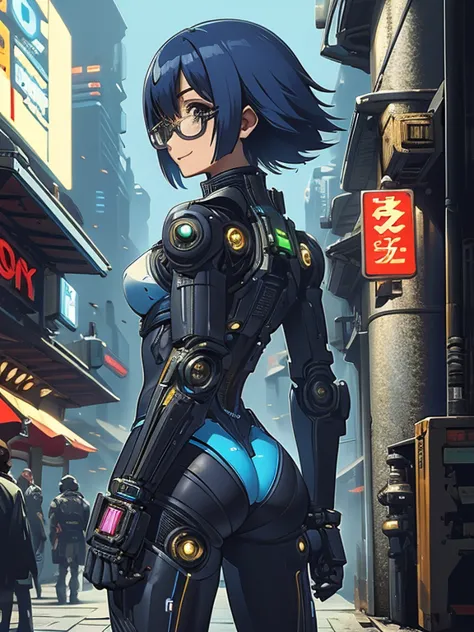 cyberpunk anime, cinematic, high-definition computer graphics, dynamic back view, best framing, HD12K quality, tomboy girl, blue...