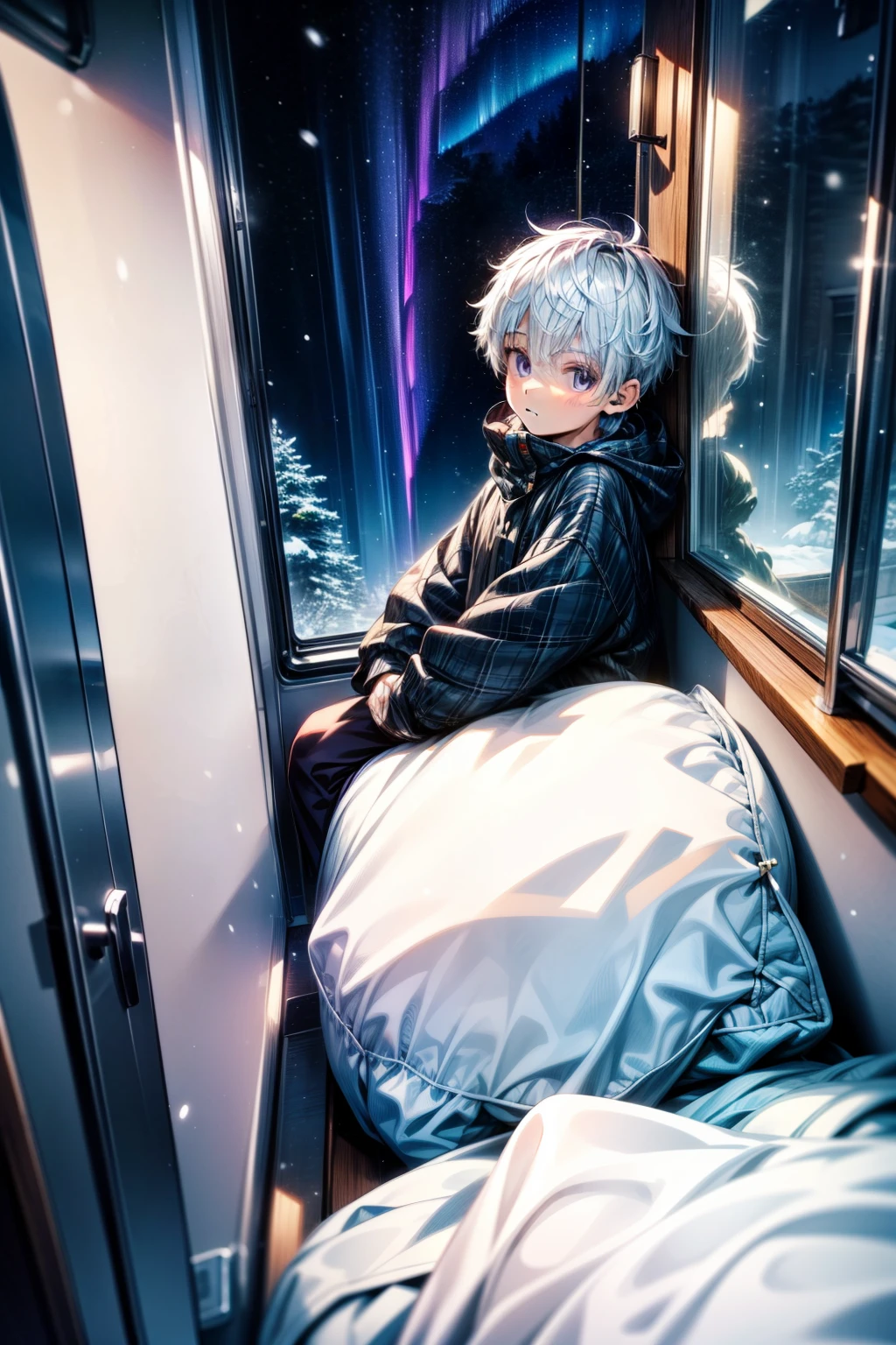 night, aurora borealis outside window, male child, 16-year-old boy, boy with white hair and purple eyes at night, winter interior, snowing outside window, downcast expression, depressed scene, cold colors, landscape image, 4k, (masterpiece:1), with white colored hair and shiny, High resolution, masterpiece, best quality, high quality, Highly detailed, 