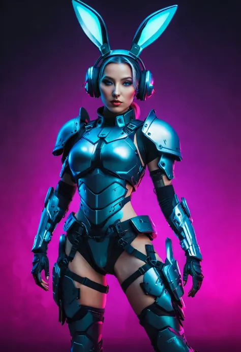 (cyberpunk full body armor), (armor on legs), cyberpunk styled women, wearing bunny ears cybernatic,large cybernatic bunny ears,...