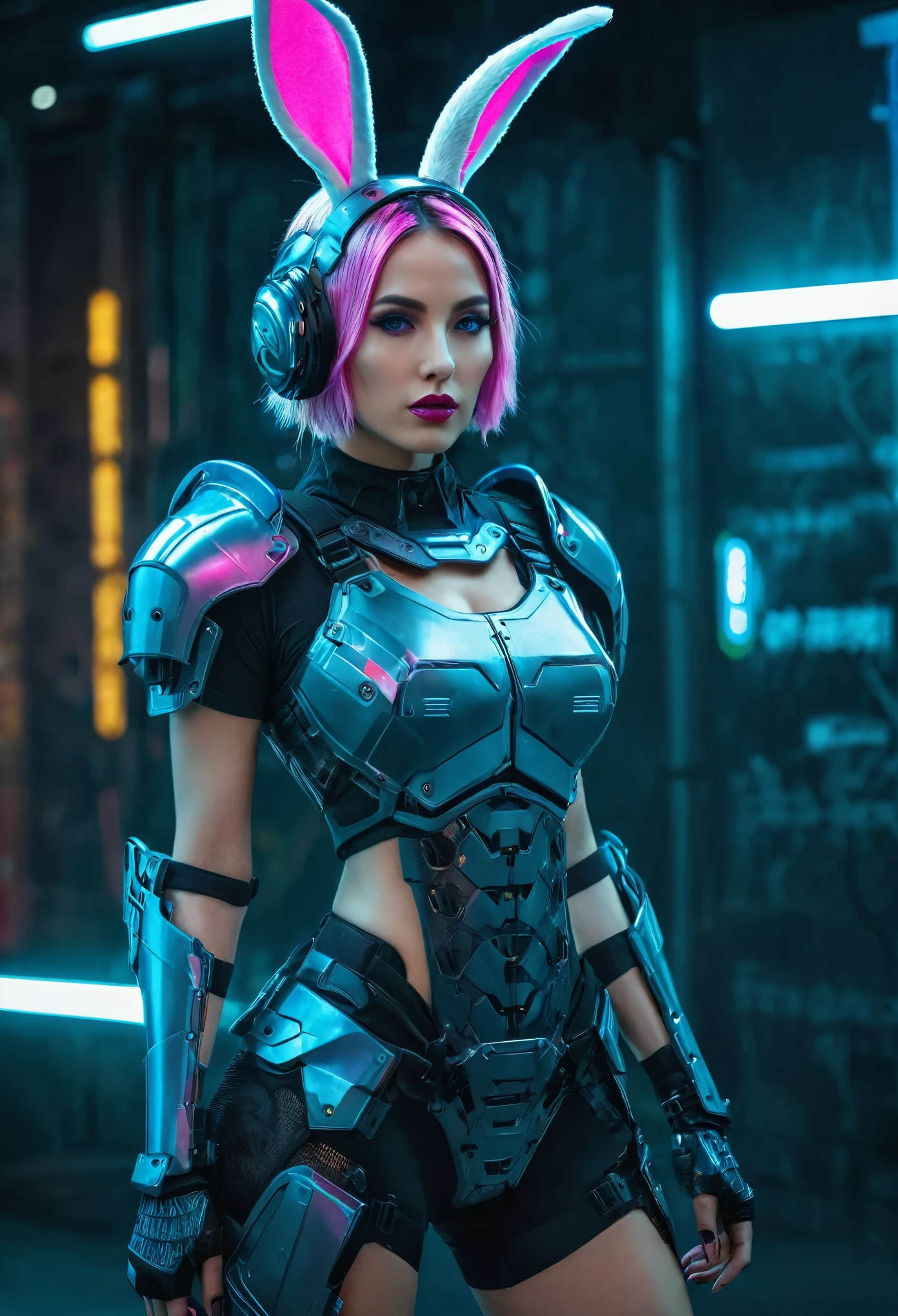 (armadura de cuerpo completo cyberpunk), (armor on piernas), mujeres con estilo cyberpunk, con orejas de conejo cibernético,grandes orejas de conejo cibernético, piernas,  rasgos faciales detallados, hermosos ojos y labios, Fantasía, muy detallado, 8k, Fotorrealista, iluminación de estudio, colores vibrantes, composición dinámica