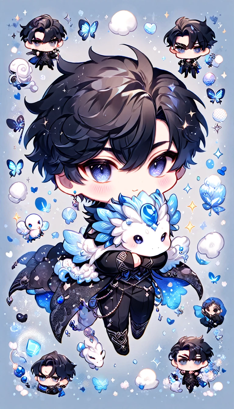 absurdres, highres, ultra detailed, HDR) master piece, best quality, Yoo Joonghyuk chibi, black hair, expressive gray eyes, omniscient reader's viewpoint, cute, black clothes, with accessories, hugging a white small dragon, jewelry, patterns, magical fantasy, blue butterflies, glittering, sparkling, blue lilies, petals, radiant, blue background with gemstones 