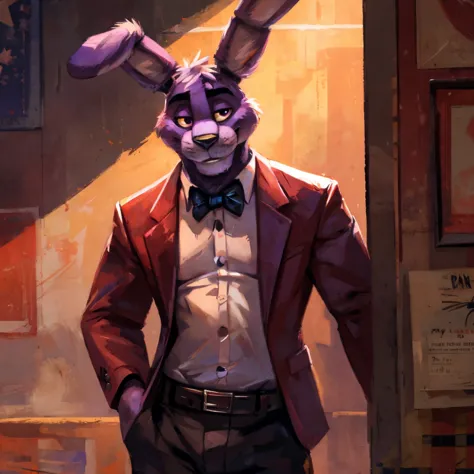 purple rabbit from fnaf 1, bonnie, bonnie rabbit, solo, male, purple rabbit, perfect nose, rabbit ears, long ears, male face, ha...