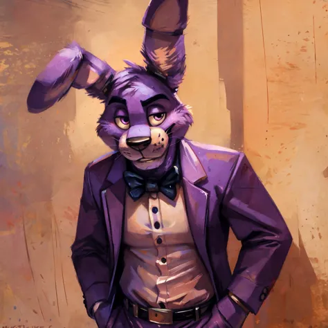 purple rabbit from fnaf 1, bonnie, bonnie rabbit, solo, male, purple rabbit, perfect nose, rabbit ears, long ears, male face, ha...