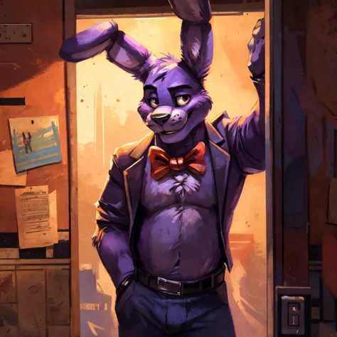 purple rabbit from fnaf 1, bonnie, bonnie rabbit, solo, male, purple rabbit, perfect nose, rabbit ears, long ears, male face, ha...