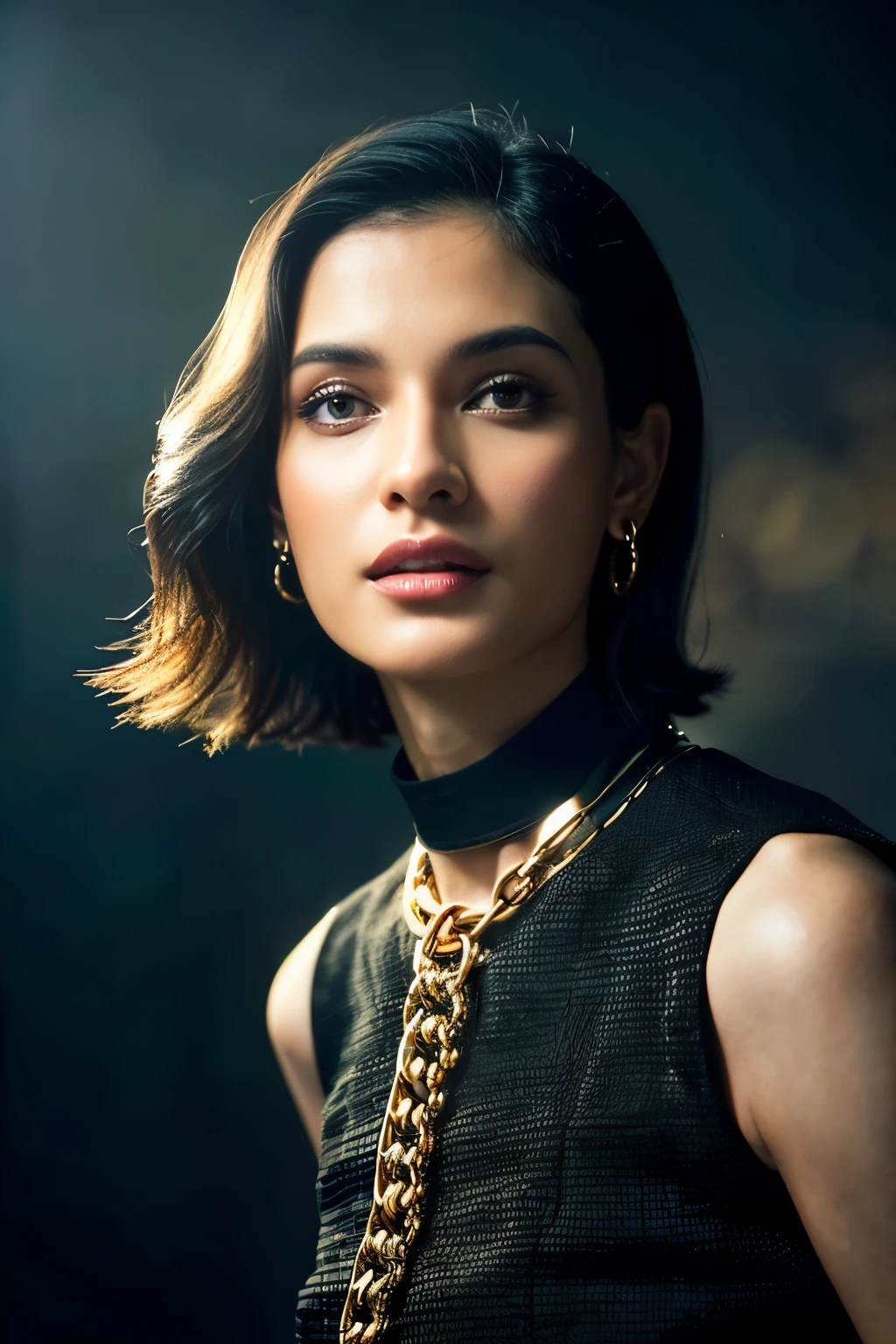 In this photograph, an Indian Instagram female model in her mid-20s takes center stage. , (highly detailed face:1.4) (smile:0.7) (backround 5 star hotel , moody, private study:1.OV, by lee jeffries, nikon d850, film stock photograph ,4 kodak portra 400 ,camera f1.6 lens ,rich colors ,hyper realistic ,lifelike texture, dramatic lighting , cinestill 800, realistic, wearing Black dobby weave self design fit & flare dress Sweetheart neck Short, puff sleeve Tie-up detail on back Above knee length in flounce hem Attached Lining Chiffon fabric, actress, karla ortiz, posing!!, candid picture, by Max Dauthendey,Completing the aesthetic, the model wears a slave collar with a chain around her neck. The photograph is meticulously captured in 8K resolution using cutting-edge techniques such as Cinema 4D and Octane Render, resulting in a highly detailed and photorealistic image. Studio lighting, HDR, and a smoky mist create a captivating ambiance, while the bokeh effect adds an artistic touch.